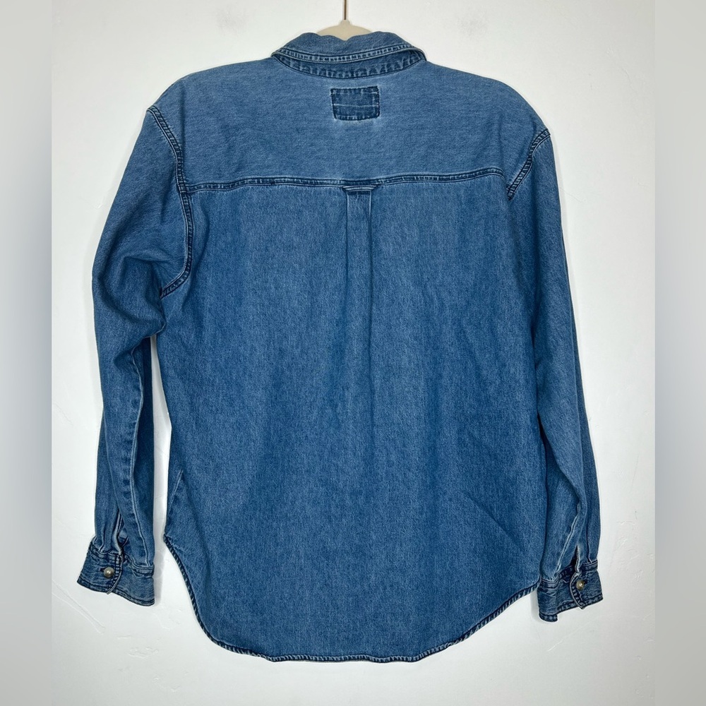 VNTG 90's Fall Harvest Embroidered Chambray Denim Shirt Cotton Size PETITE Large - Picture 2 of 16